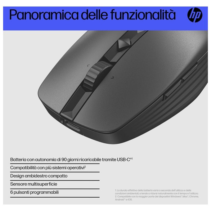 HP 6E6F0AA 715 Mouse Multidispositivo Ricaricabile Wireless Bluetooth 5.3 7 Pulsanti 3000 DPI Ambidestro Clic Silenzioso colore Nero
