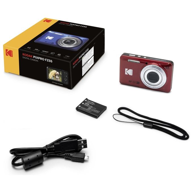 Kodak FZ55RD PIXPRO Fotocamera Compatta 16 MP CMOS Zoom Ottico 5x Grandangolo 28mm Video Full HD 1080p colore Rosso
