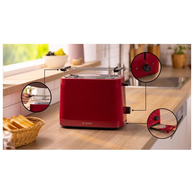 Bosch TAT3M124 MyMoment Tostapane Compatto 2 Fette 950 W con Funzione Scongelamento e Riscaldamento colore Rosso