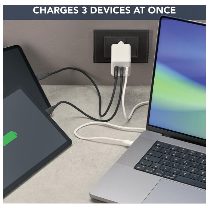 Cellularline ACHKITGAN100WTABW Multipower Kit Caricabatterie da Rete GaN 100W 3 Porte USB-C USB-A con Cavo USB-C 5A 100cm colore Bianco