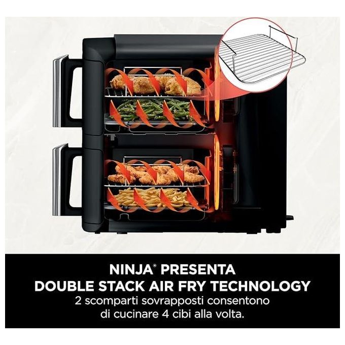 Ninja SL300EU Double Stack Friggitrice ad aria 7.6 L 2470W 6 Funzioni 2 Cestelli 4 Livelli di Cottura colore Nero