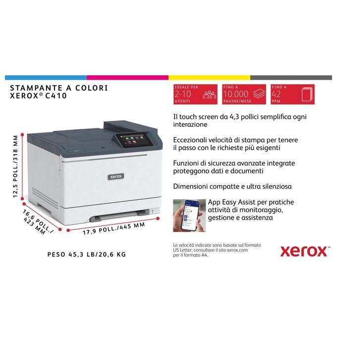 Xerox C410V_DN C410 Stampante Laser A Colori A4 40 ppm Fronte Retro Automatico 251 Fogli Wi-Fi Ethernet colore Grigio