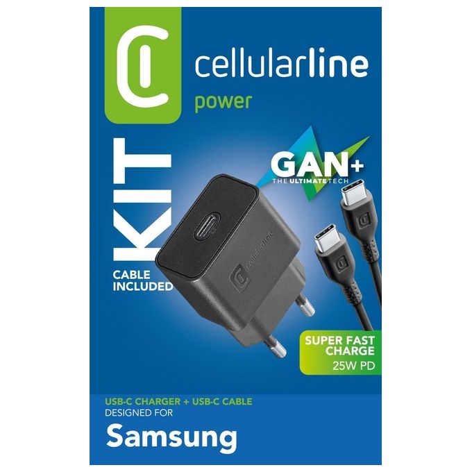 Cellularline ACHSMKITC2CPD25WK Super Fast Charger Kit Caricabatterie da Rete 25W USB-C Samsung con Cavo USB-C to USB-C 100 cm colore Nero