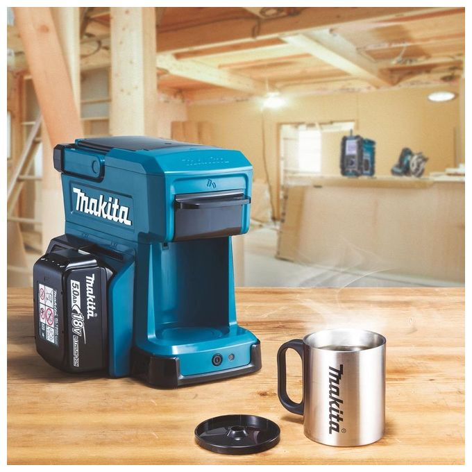 Makita DCM501Z Macchina da caffe' americano portatile con batteria 10,8-18V Li-ion serbatoio 240 ml compatibile cialde e caffe' macinato colore Nero Blu