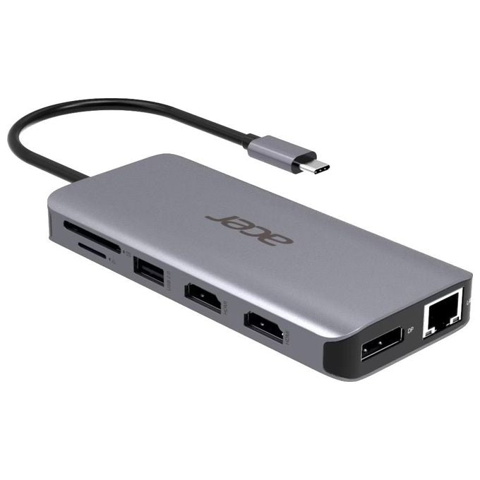 Acer HP.DSCAB.009 12-in-1 Type-C Dongle Multiporta con 2 HDMI 2 USB 3.2 Gen 1 2 USB 2.0 DisplayPort Ethernet Gigabit Lettore SD-MicroSD Uscita Audio 3.5 mm Power Delivery 100 W colore Argento