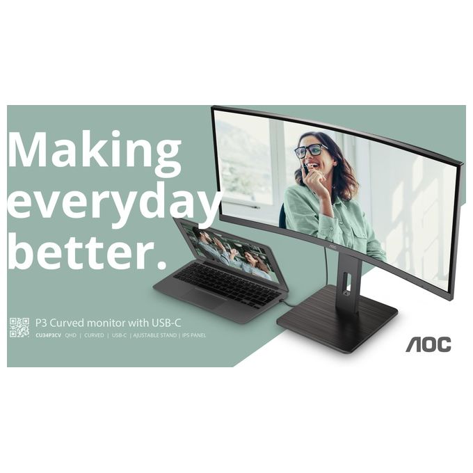 AOC CU34P3CV Monitor Curvo 34'' VA WQHD 100 Hz 4ms USB-C 65W Hub USB RJ45 colore Nero