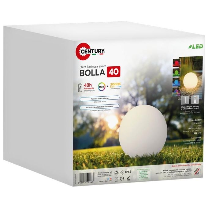 CENTURY BLL-044000 BOLLA Lampada LED Solare Dimmerabile RGB+3000K IP44 colore Bianco