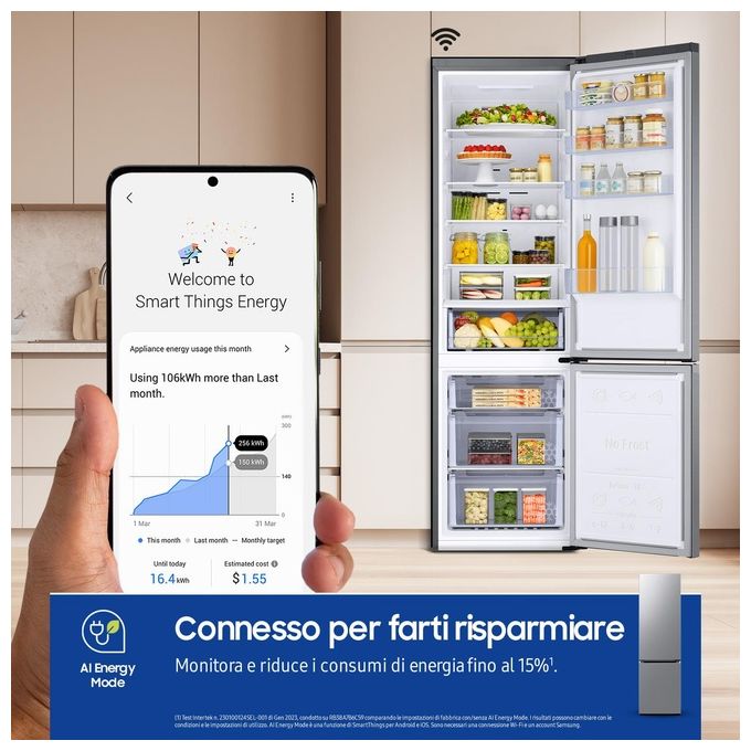 Samsung RB38C600CS9 EcoFlex AI Frigorifero Combinato 390 L 203 cm Classe C 35 dB No Frost Wi-Fi colore Acciaio Inox