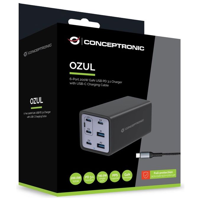 Conceptronic OZUL06BE Caricatore USB PD 3.1 a 6 Porte 200 W con Tecnologia GaN e Cavo USB-C Incluso colore Nero