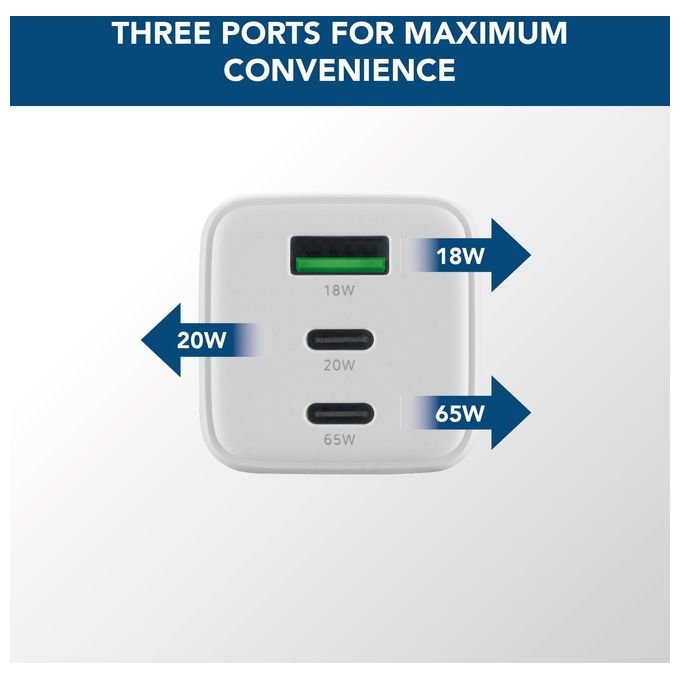 Cellularline ACHKITC2CGAN65TABW Multipower Caricabatterie da Rete 65W con Tecnologia GaN 3 Porte USB-C e USB-A Cavo Incluso 100 cm colore Bianco