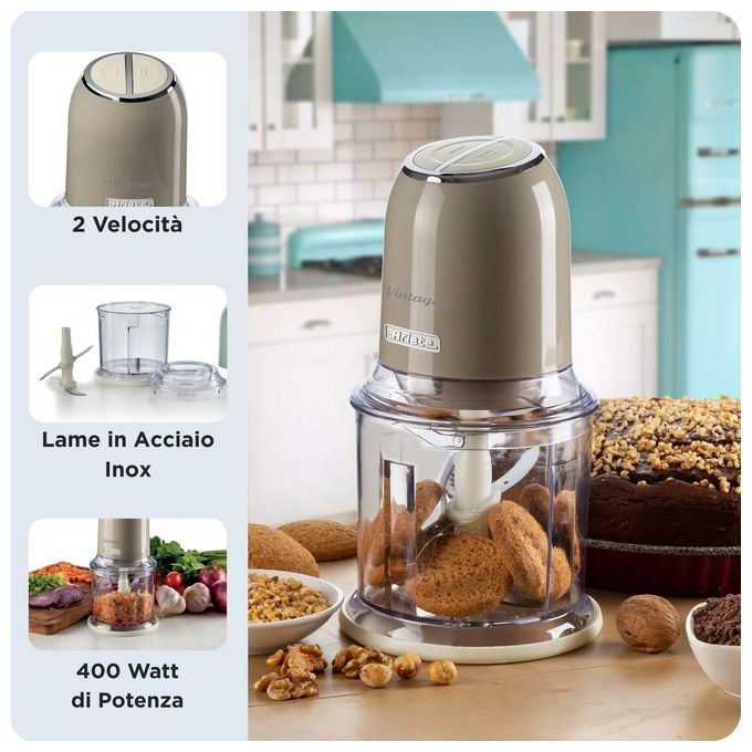 Ariete 0438 Vintage Tritatutto Chopper Tritaghiaccio 400 W 600 ml 4 lame Acciaio Inox 2 velocita' colore Beige