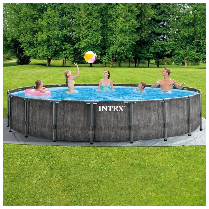 Intex 26744 Prism Frame Greywood Piscina Fuori Terra Rotonda 549x122 cm 24311 L con Pompa Filtro Scaletta e Teli colore Grigio