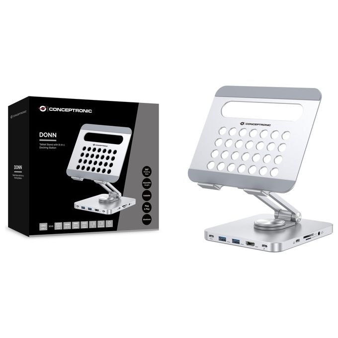 Conceptronic DONN26G Supporto per Tablet con Docking Station 8 in 1 USB 3.2 Gen 1 HDMI 4K 100W Power Delivery colore Argento
