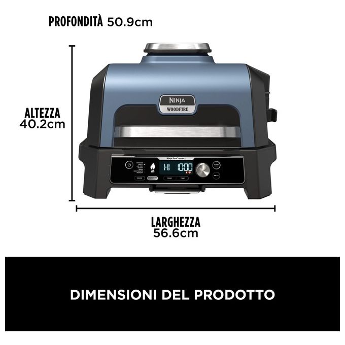 Ninja OG901EU Woodfire Pro Connect XL Barbecue Elettrico 7 in 1 Griglia Affumicatore Friggitrice ad Aria 1700W App Wi-Fi IPX4 colore Nero