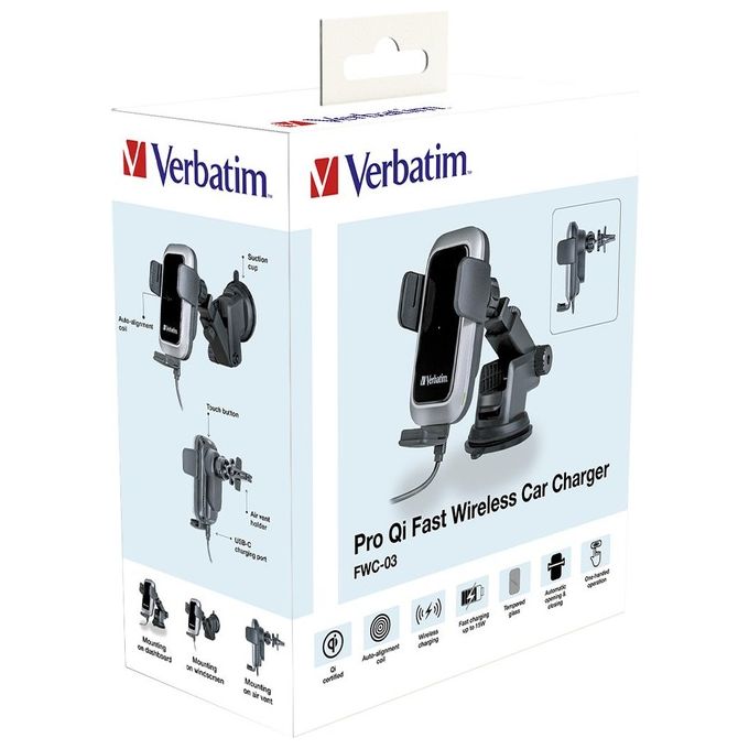 Verbatim 49554 Qi Fast Wireless Car Charger FWC-03 Pro Supporto per Telefono con Ricarica Induttiva 15 W Montaggio Ventola o Ventosa Rotazione 360° colore Nero