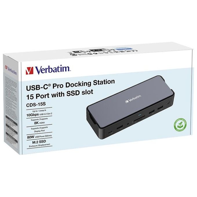 Verbatim 32173 Docking Station USB-C Pro 15 Porte con HDMI 8K DisplayPort SSD Slot e Alimentazione 100 W colore Nero Grigio