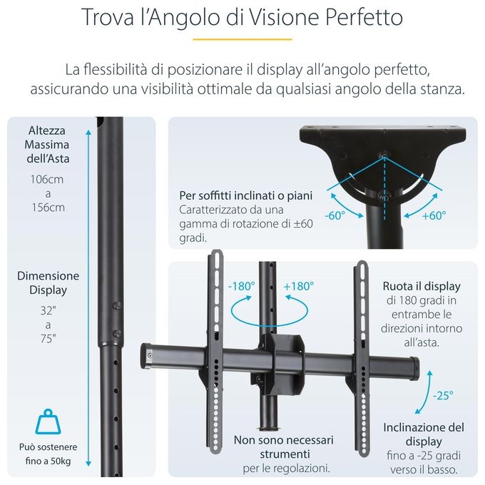 Startech Supporto da Soffitto Regolabile per Tv da 32'' a 70