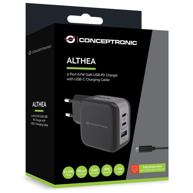 Conceptronic ALTHEA17B Caricabatterie USB GaN 3 porte 67W Power Delivery 3.0 Quick Charge 3.0 2x USB-C 1x USB-A colore Nero