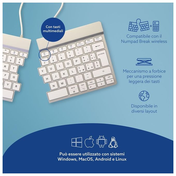 R-Go Tools RGOSBITWLWH Tastiera ergonomica split Bluetooth QWERTY italiano 60 tasti meccanismo a forbice software pausa integrato colore Bianco