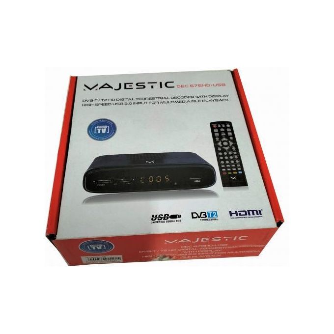 Majestic 100675 BK DEC 675 HD USB Decoder Digitale Terrestre DVB-T2 HD HEVC HDMI SCART USB 2.0 Display Integrato colore Nero