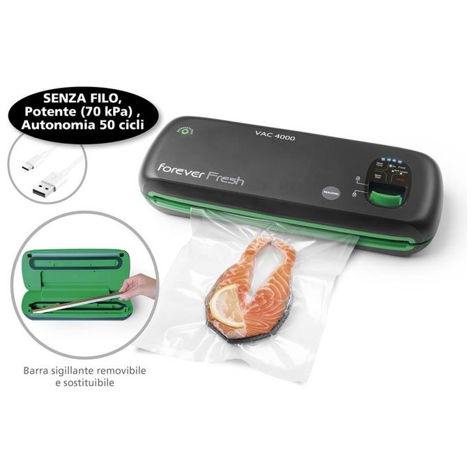 Macom VAC4000 Forever Fresh Macchina Sottovuoto Cordless Barra Sigillante 28 cm Autonomia 50 cicli USB colore Nero Verde
