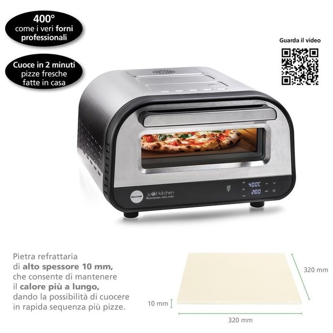 Macom 884 Just Kitchen Forno per Pizza Elettrico Pietra Refrattaria 32 cm 1700W 400°C Timer Digitale colore Nero Inox