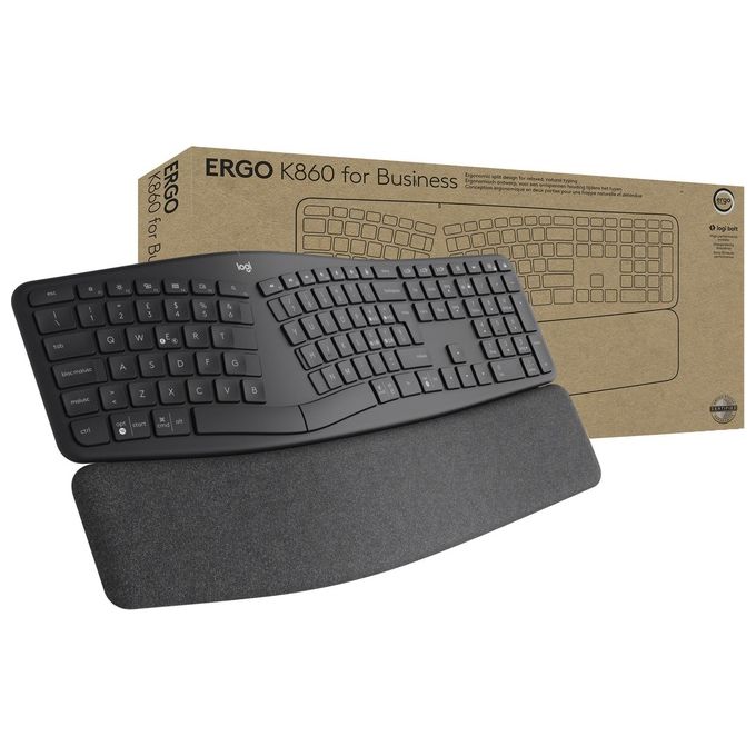 Logitech 920-010349 ERGO K860 Tastiera Split Ergonomica Wireless Bluetooth Layout Italiano QWERTY con Supporto Polso Regolabile colore Grafite