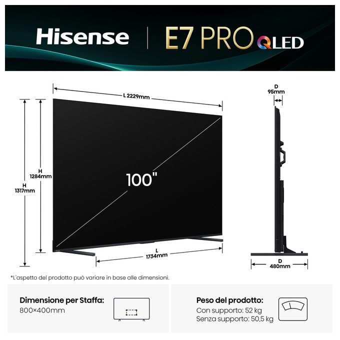Hisense 100E7QPRO Smart TV QLED 100'' 4K Ultra HD 144Hz HDR Dolby Vision AMD FreeSync Premium VIDAA colore Nero
