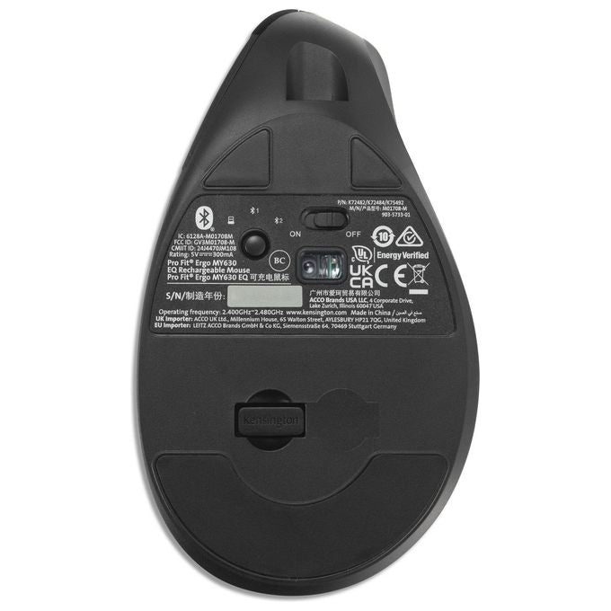 Kensington K72482WW Pro Fit Ergo MY630 EQ Mouse Ricaricabile Wireless con Bluetooth e Ricevitore USB-A 55% Materiale Riciclato Batteria Fino a 4 Mesi colore Nero