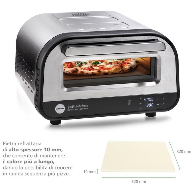 Macom 884 Just Kitchen Forno per Pizza Elettrico Pietra Refrattaria 32 cm 1700W 400°C Timer Digitale colore Nero Inox