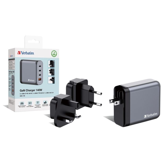 Verbatim 32203 GNC-140 Caricatore Universale Interno 140 W con 3 Porte USB-C GaN Tecnologia Ricarica Rapida PD 3.1 PPS Quick Charge 3.0 colore Nero Grigio