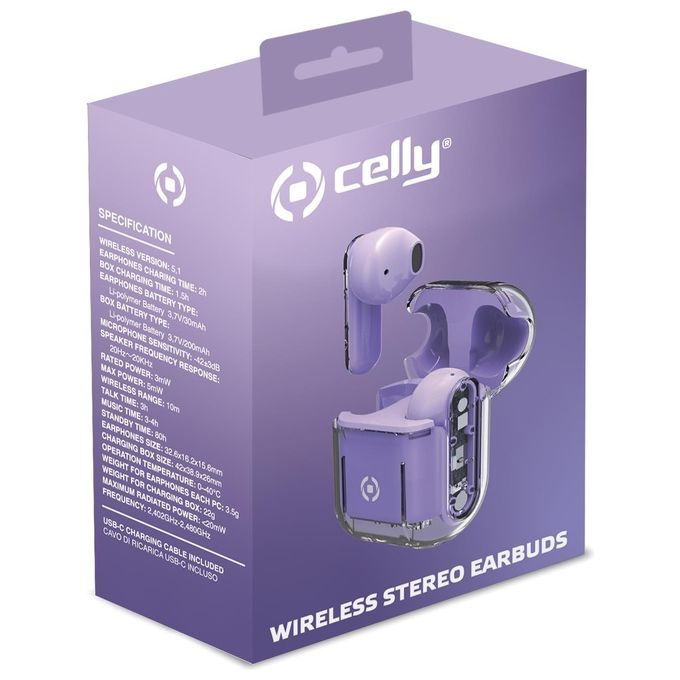 Celly SHEERVL SHEER Auricolari True Wireless TWS In-ear 4 ore Ricarica 2 ore Compatibilita' Universale colore Viola