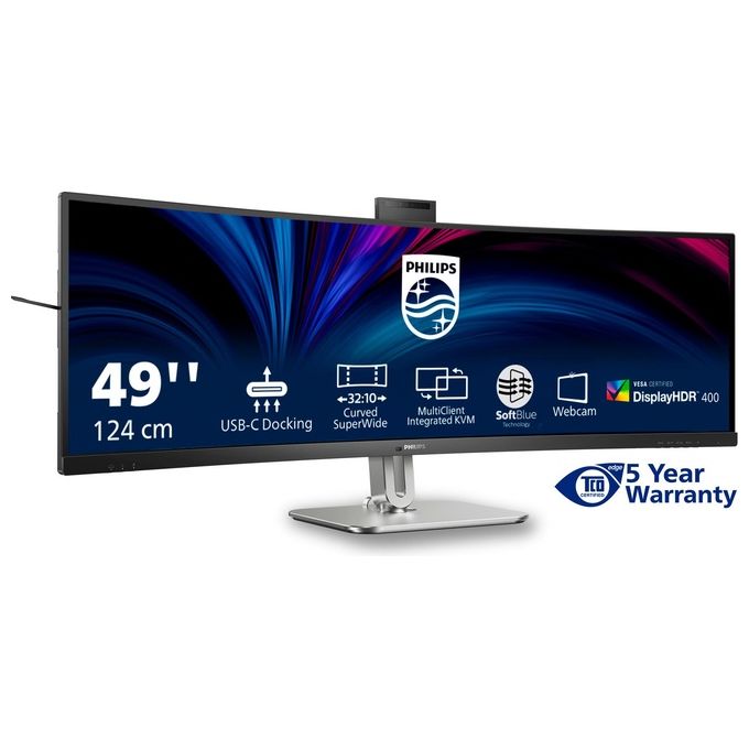 Philips 49B2U6900CH Monitor PC Curvo 49'' Dual QHD 5120x1440 USB-C 100W Webcam 5MP Hub USB DisplayPort HDMI colore Nero