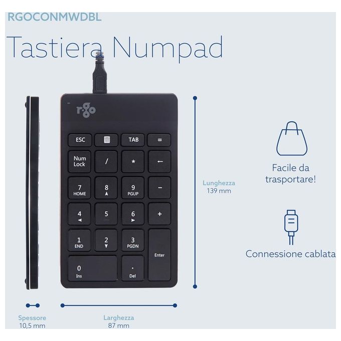 R Go Tools RGOCONMWDBL Tastierino Numerico USB Ergonomico Ultra Sottile con Indicatore di Pausa LED Colore Nero
