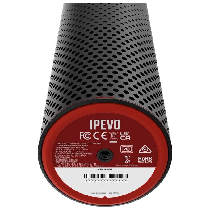 IPEVO 5-906-2-08-00 Totem 360 Telecamera per Sala Riunioni 360° 5K con AI Framing e Tracking 4 Microfoni Omnidirezionali Altoparlante 6W USB-C colore Nero
