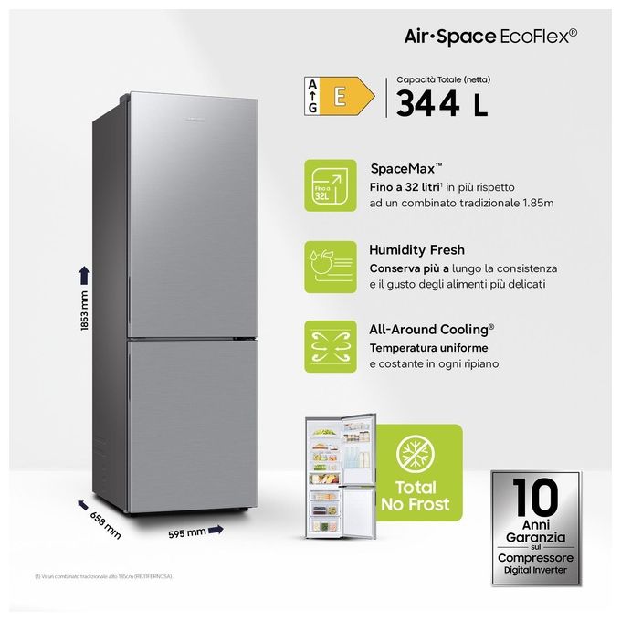 Samsung RB33B610ESA EcoFlex Frigorifero Combinato 344 L 185 cm Classe E 35 dB No Frost All Around Cooling colore Grafite