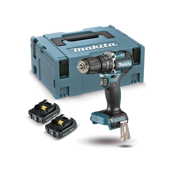 Makita DHP487RAJ Trapano Avvitatore a Percussione 18 V con Motore Brushless 2 Batterie 2,0 Ah e Valigetta MAKPAC colore Petrolio