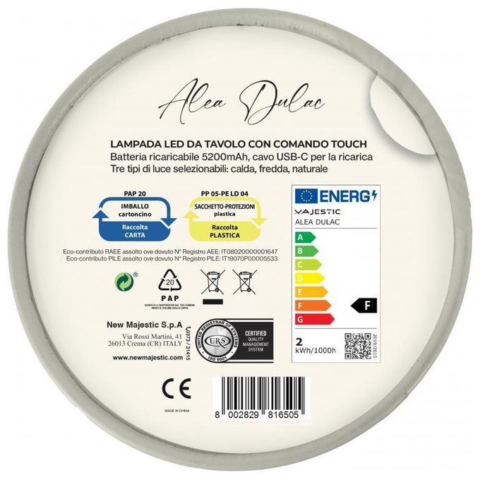 New Majestic 120454 JL Lampada da Tavolo LED Ricaricabile Touch IP54 Multicolore