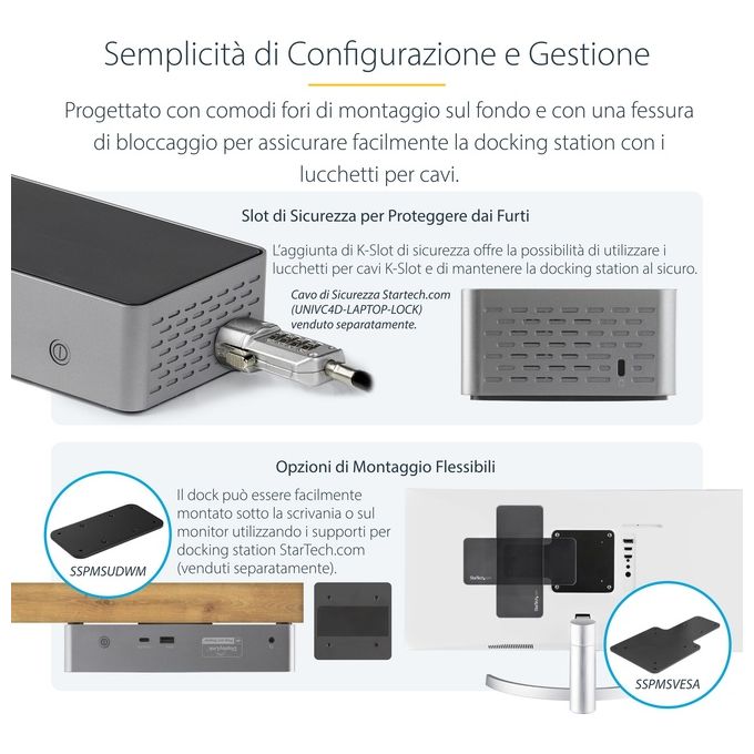 StarTech DK31C4DPPDUE Docking Station USB-C per Quad Monitor 4K 60Hz con Power Delivery 100W 4x HDMI 4x DisplayPort USB 3.2 Gen 2 Ethernet Gigabit colore Nero