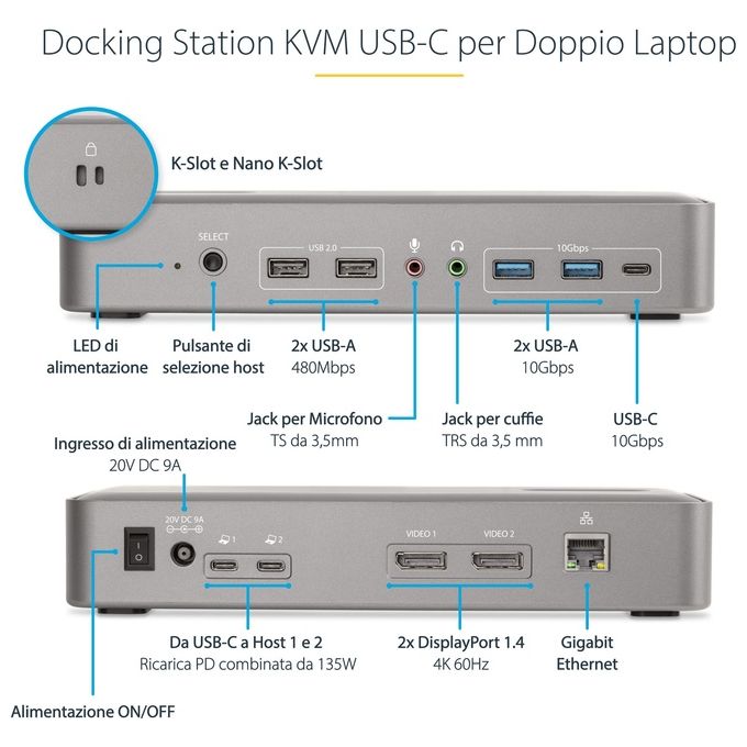 StarTech.com 129UE-USBC-KVM-DOCK KVM Docking Station USB-C per due laptop doppio monitor 4K 60 Hz hub USB 5 porte GbE alimentazione 90W 45W colore Argento