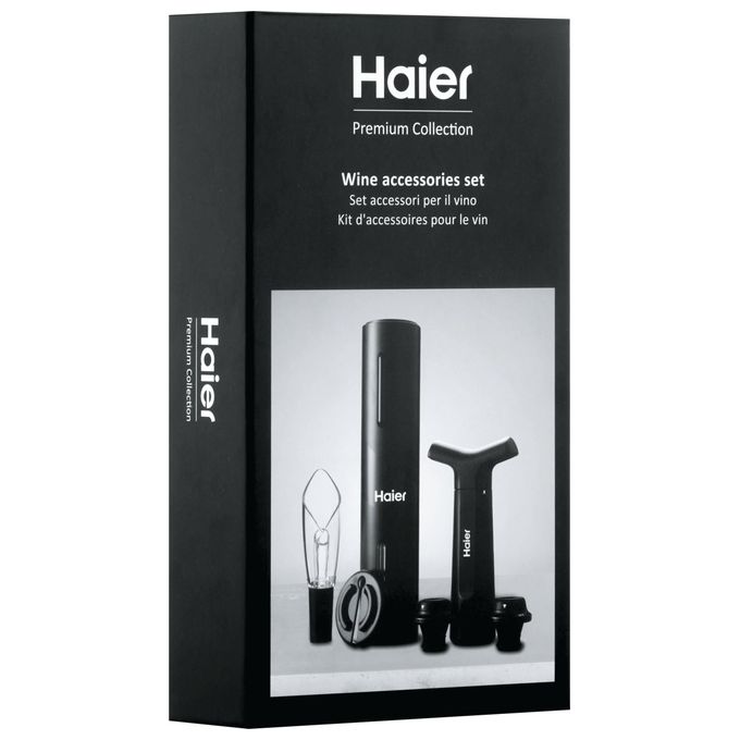 Haier HAWUKIT06 Set da Vino Elettrico 6 in 1 Ricaricabile USB Apribottiglie Aeratore Tagliacapsule Pompetta Sottovuoto 2 Tappi colore Nero