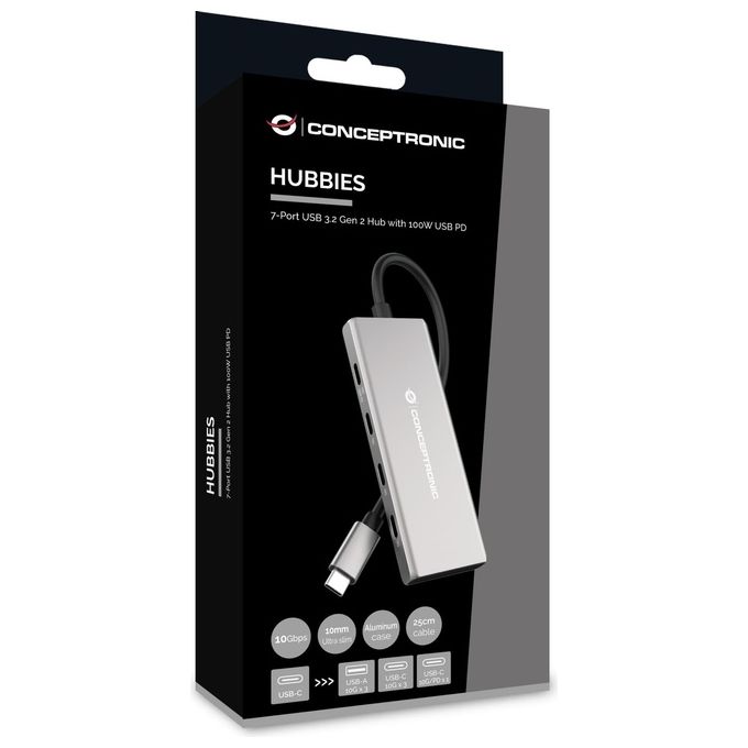 Conceptronic HUBBIES17G Hub USB 3.2 Gen 2 Type-C 7 Porte 3xType-A 4xType-C 10000 Mbit-s Power Delivery 100W colore Grigio