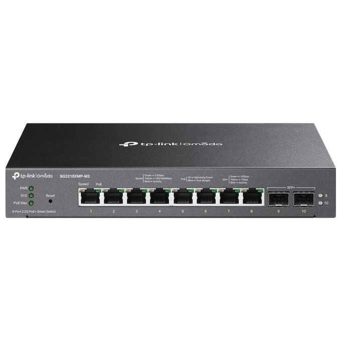 TP-Link SG2210XMP-M2 Omada Switch Gestito L2-L2+ 8 porte 2.5G PoE+ 160W 2 slot SFP+ 10G colore Nero