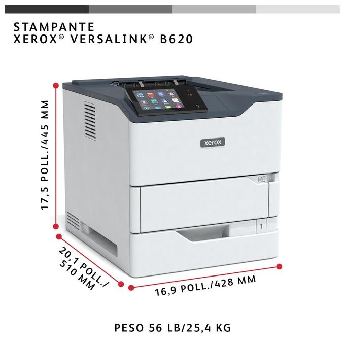 Xerox B620V_DN VersaLink B620 Stampante Laser Monocromatica 65 ppm A4 Fronte Retro 2 Vassoi 650 Fogli Colore Grigio Bianco