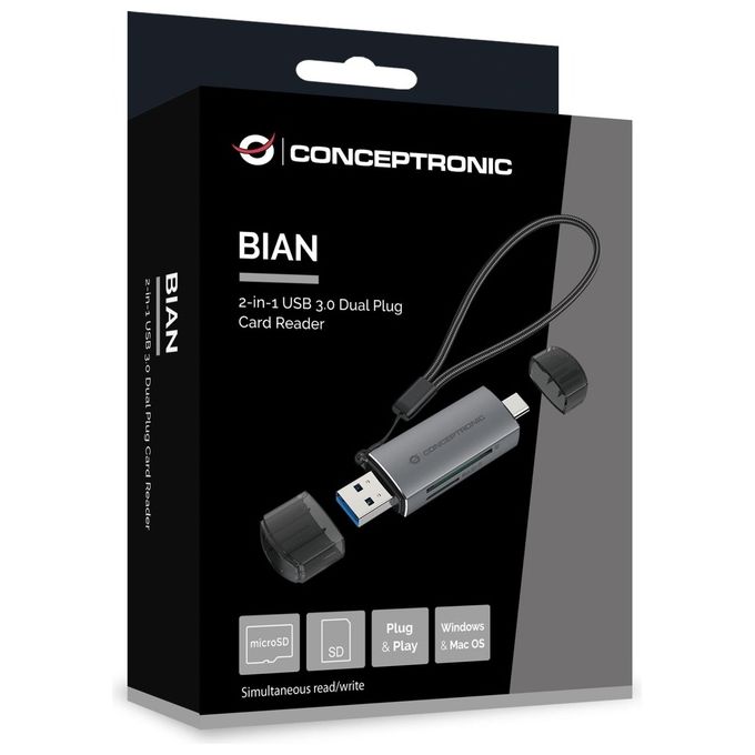 Conceptronic BIAN05G Lettore di Schede USB 3.2 Gen 1 Type-A-Type-C Grigio