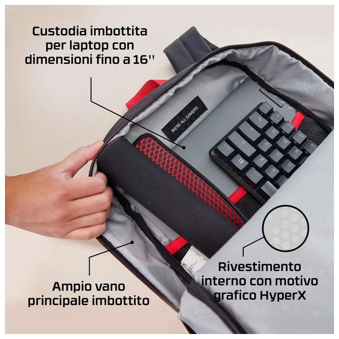 HyperX 8C524AA Zaino Delta per Notebook fino a 16'' con Tasche Organizzate e Materiale Riciclato colore Nero