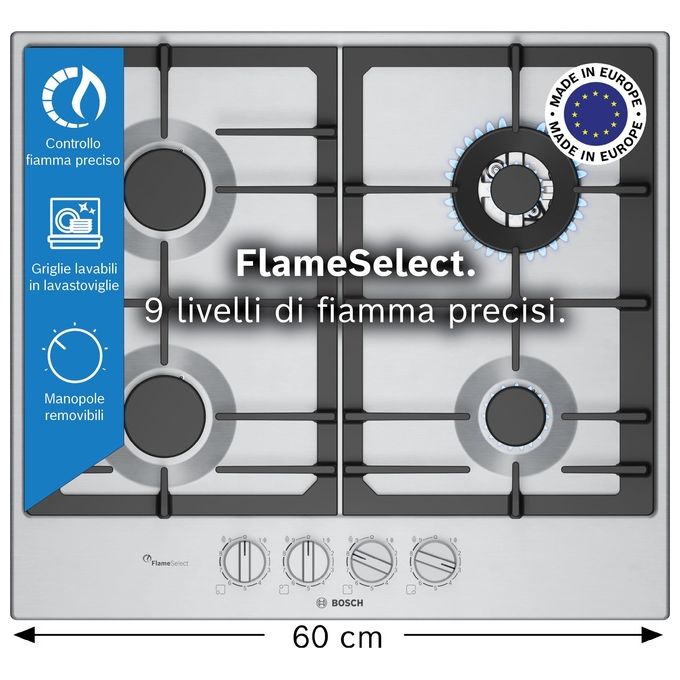 Bosch PCH6A5I90 Serie 6 Piano cottura Gas 60 cm 4 fuochi Griglie in ghisa Flame Select colore Inox