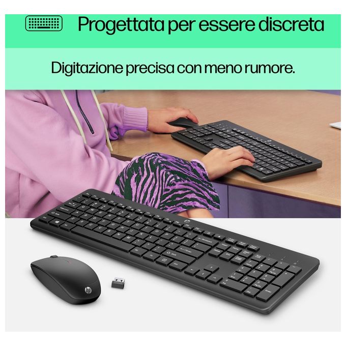 HP 18H24AA Combo Kit Tastiera e Mouse Wireless 2.4 GHz Full-size Membrana 1600 DPI autonomia 16 mesi colore Nero