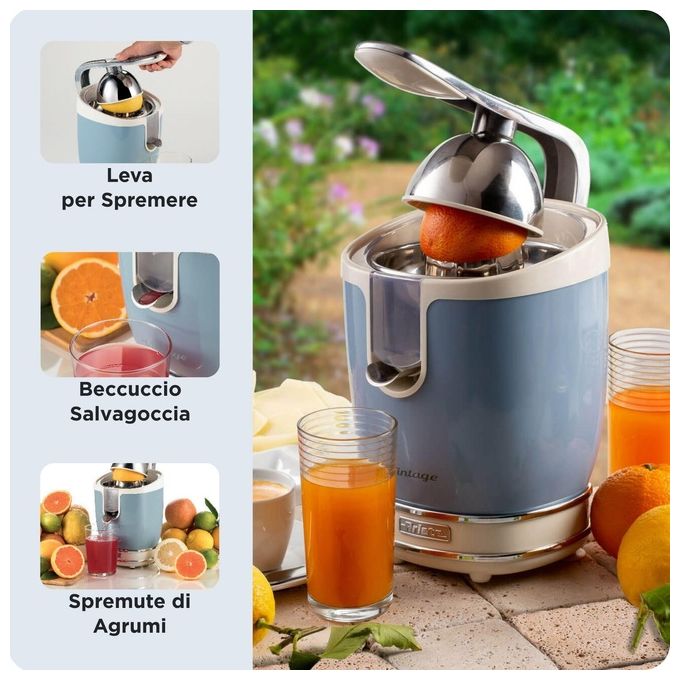 Ariete 413 Vintage Spremiagrumi Elettrico con Leva 85 W Salvagoccia 2 Coni Acciaio Inox colore Celeste