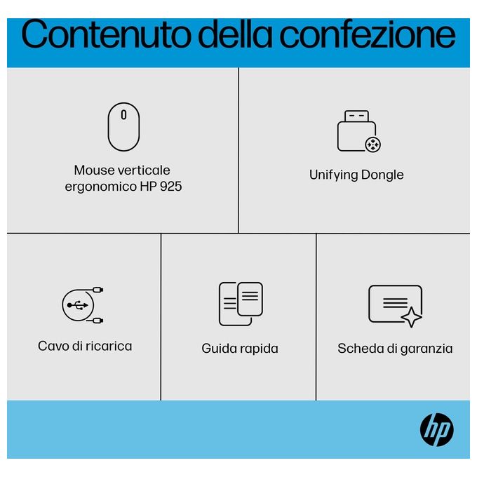 HP 6H1A5AA 925 Mouse Ergonomico Verticale Wireless RF Bluetooth 4000 DPI 6 Tasti Ricaricabile USB Type-C colore Nero